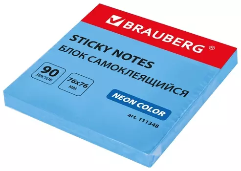 Блок самоклеящийся (Стикеры) Brauberg неоновый 76х76 мм, 90 листов, голубой, 111348