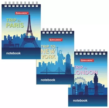 Блокнот малый формат (75х105 мм) А7, 40 л., гребень, картон, клетка, Brauberg, "Города", 129856