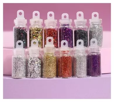 Блёстки для декора «Королевский блеск», крупные/мелкие, набор 12 бутылочек, разноцветные