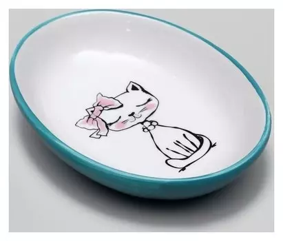 Блюдце керамическое "Милая киса", 15,7 х 11,3 х 3,8 см, голубая