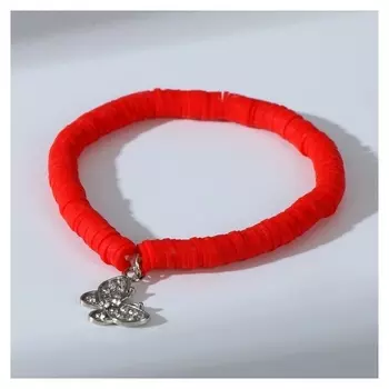 Браслет "Бисер" на резинке, бабочка, цвет красно-белый в серебре, L=7