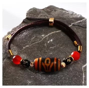 Браслет "Бусина Дзи" на шнурке, бочка, цвет бело-коричневый, D=7см