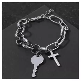 Браслет "Цепь" крестик с ключом, цвет серебро ,l=18см