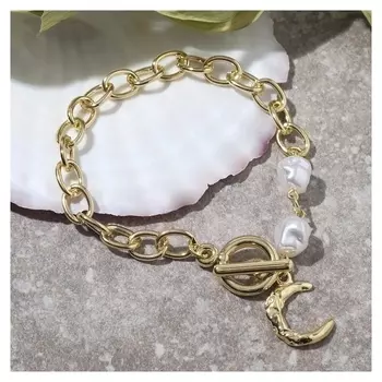 Браслет "Цепь" крючок с жемчугом, цвет белый в золоте, 22см