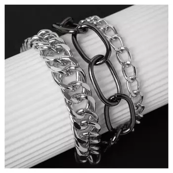 Браслет "Цепь" крупные звенья, многоярусный, цвет серебро в сером металле