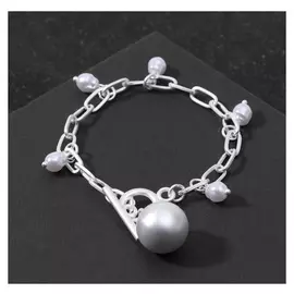 Браслет "Цепь" мелкие звенья с крупной бусиной, цвет белый в матовом серебре ,l=19см