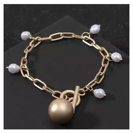 Браслет "Цепь" мелкие звенья с крупной бусиной, цвет белый в матовом золоте ,l=19см