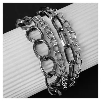 Браслет "Цепь" переплетения, многоярусный, цвет серебро в сером металле