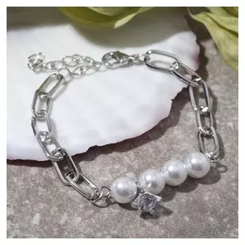 Браслет "Цепь" ряд жемчужин, цвет белый в серебре, 18см