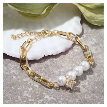 Браслет "Цепь" ряд жемчужин, цвет белый в золоте, 18см