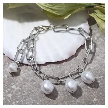 Браслет "Цепь" три мятые жемчужинки, цвет белый в серебре, 23см