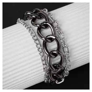 Браслет "Цепь" звенья многоярусный, цвет серебро в сером металле