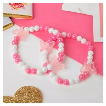 Браслет детский "Выбражулька" бабочки, 2 нити, цвет бело-розовый