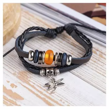 Браслет кожа "Хиппи" стрекозка, цвет коричневый