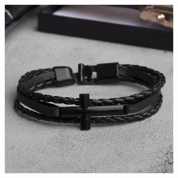 Браслет кожа "Коса двойная" крест, цвет чёрный в чёрном металле