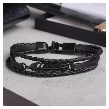 Браслет кожа "Коса двойная" перо, цвет чёрный в чёрном металле