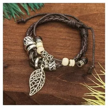 Браслет кожа "Лист" резной, 2 нити, цвет бело-коричневый