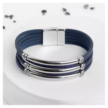 Браслет кожа "На магните" три дуги со стразами, цвет тёмно-синий, 18,5см