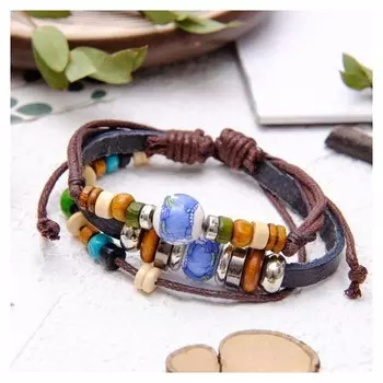 Браслет кожа "Настроение" бусины на нитях, цвет коричневый