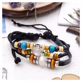 Браслет кожа "Настроение" кошачий глаз, бусины на нитях, цвет чёрный