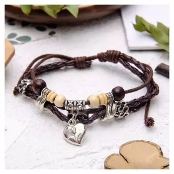Браслет кожа "Переплетение" с подвеской, сердце