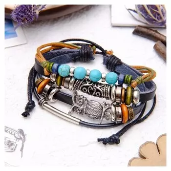 Браслет кожа "Сова" и ряд бусин