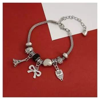 Браслет "Марджери" романтик, сова, цвет чёрный в серебре