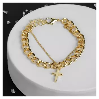 Браслет металл "Цепь" две нити крестик, цвет золото, 17см