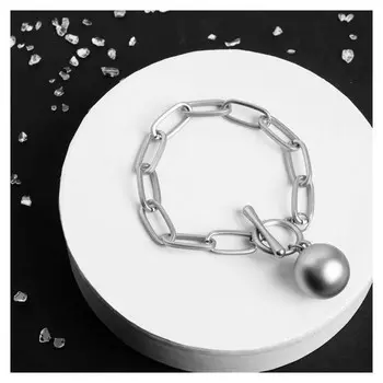 Браслет металл "Цепь" одинокая сфера, цвет матовое серебро