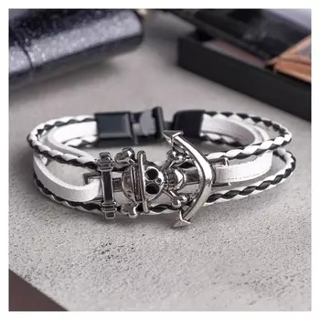 Браслет мужской "Параллели" якорь с черепом, цвет черно-белый в серебре