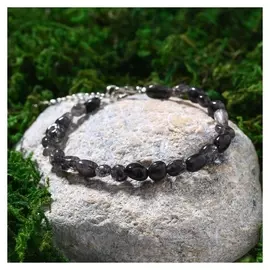 Браслет на струне галтовка обработанная "Агат волосатик" чёрный, с удлинителем, размер 17-18