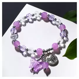 Браслет "Радость" монетка и бабочки, цвет бело-сиреневый в серебре, D=7