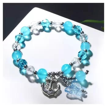 Браслет "Радость" якорь и бабочки, цвет бело-голубой в серебре, D=7