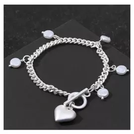 Браслет с жемчугом "Цепь" сердце объёмное с бусиной, цвет белый в матовом серебре ,l=19см