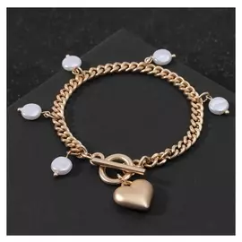 Браслет с жемчугом "Цепь" сердце объёмное с бусиной, цвет белый в матовом золоте ,l=19см