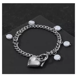 Браслет с жемчугом "Цепь" сердце объёмное с бусиной, цвет белый в серебре ,l=19см
