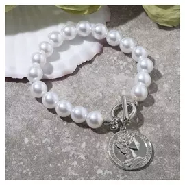 Браслет с жемчугом "Монета", цвет белый в серебре, 21см