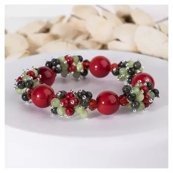 Браслет шар №10 "Коралл" с шариками №4 оникса, змеевика и хрусталём