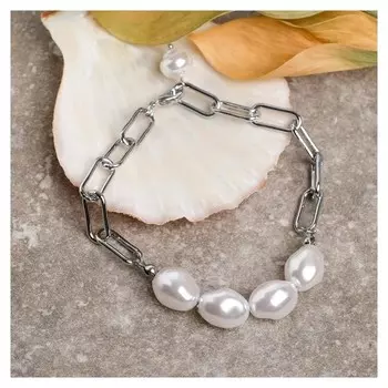 Браслет жемчуг "Барокко" цепь, цвет белый в серебре