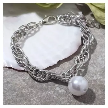 Браслет жемчуг "Цепь" бусина 16, цвет белый в серебро, 19см