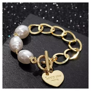 Браслет жемчуг "Цепь" сердечко, тогл, цвет белый в золоте,l=17см