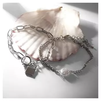 Браслет жемчуг "Цепь" замок, цвет серебро, L=22 см