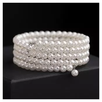 Браслет жемчуг "Невеста" бусины D=0,5, 4 ряда пружинкой, цвет молочный