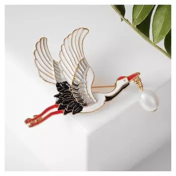 Брошь "Аист" с жемчугом, цветной в золоте