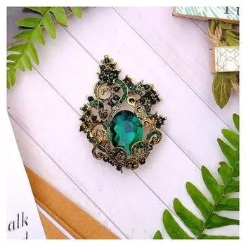 Брошь "Ажур", цвет изумрудный в черненом золоте
