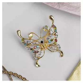 Брошь "Бабочка", цвет страз в жёлтом золоте