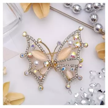 Брошь "Бабочка" перламутровка, цвет радужный в золоте