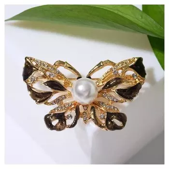 Брошь "Бабочка" с бусиной, цвет чёрно-белый в золоте