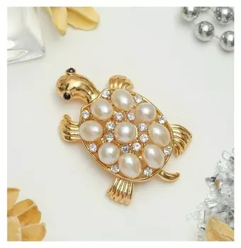 Брошь "Черепаха" с жемчужным панцирем, цвет белый в золоте