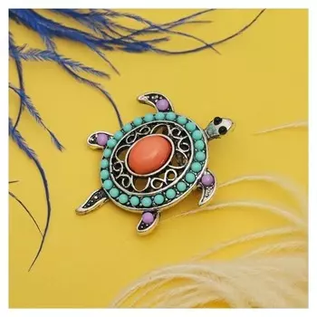 Брошь "Черепашка", этническая, разноцветная в серебре